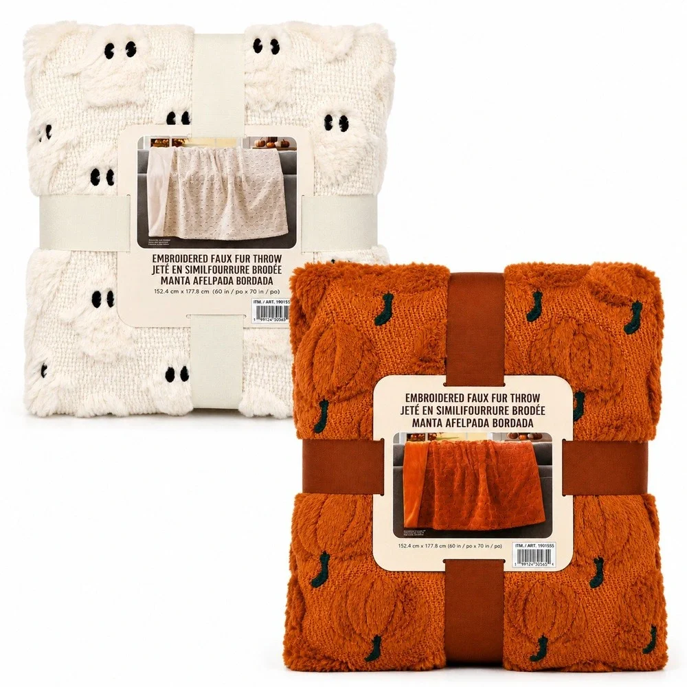 Halloween Ghost & Pumpkin Embroidered Faux Fur Throw Blanket Set 60x70 Viral NEW